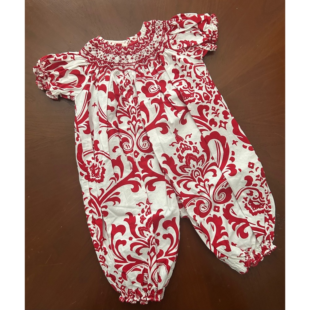 Le Za Me Baby Girls Red White Damask Smocked Bubble Romper 18M Holiday